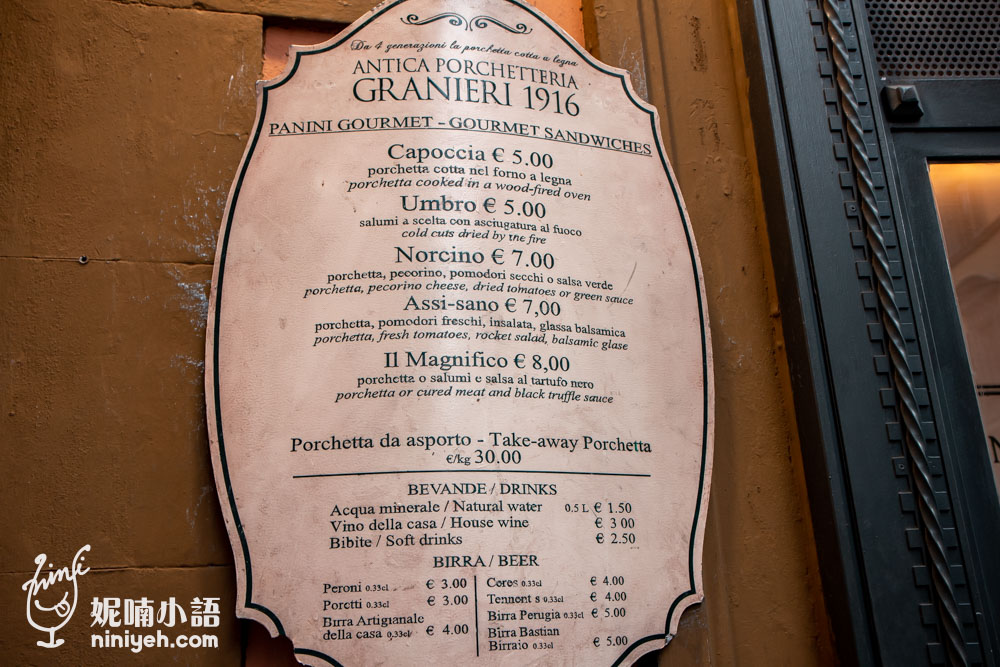 佛羅倫斯美食推薦｜百年三明治 Antica Porchetteria Granieri 1916。領主廣場旁必吃烤豬帕尼尼