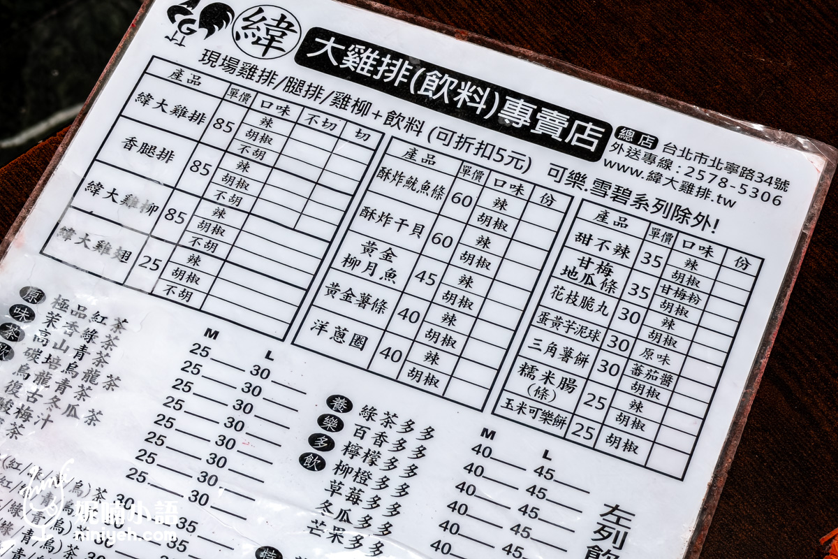 台北小巨蛋美食緯大雞排現場紙本點菜單實拍。訂購單詳細列出各項炸物與飲料價格，並提供雞排切與不切、辣度及胡椒等客製化口味勾選欄位。