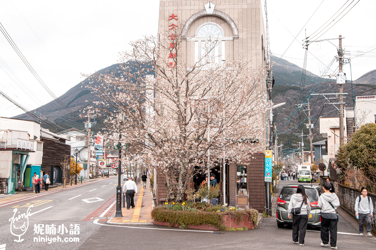由布院 B speak 本店建築外觀與湯之坪街道入口櫻花樹