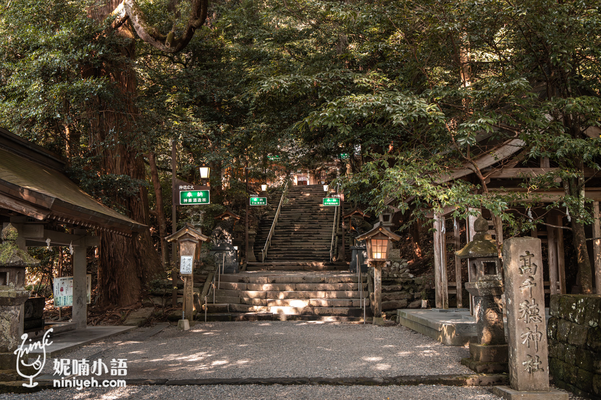 高千穗神社石造社名碑立於參道旁,左側為手水舍,前方為通往木造拜殿的石階與參天巨木