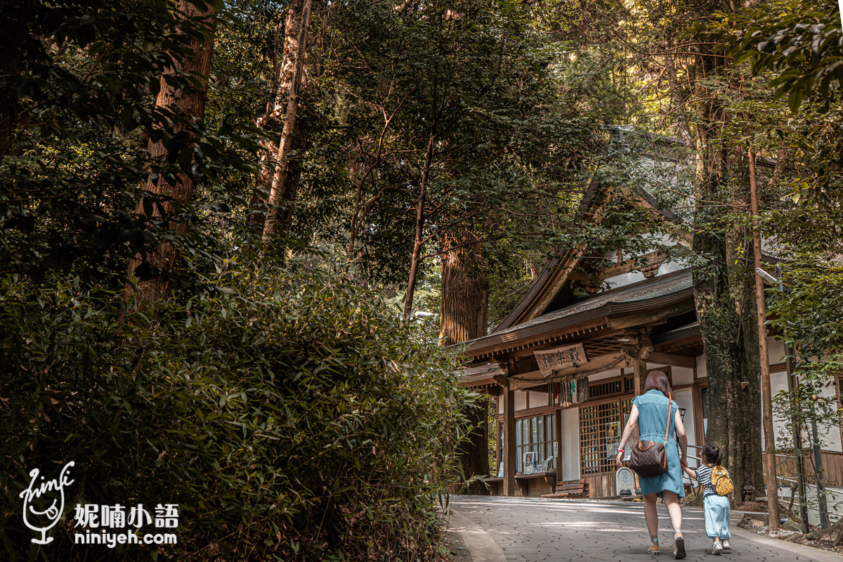 漫步於高千穗神社神樂殿旁的林蔭石板步道