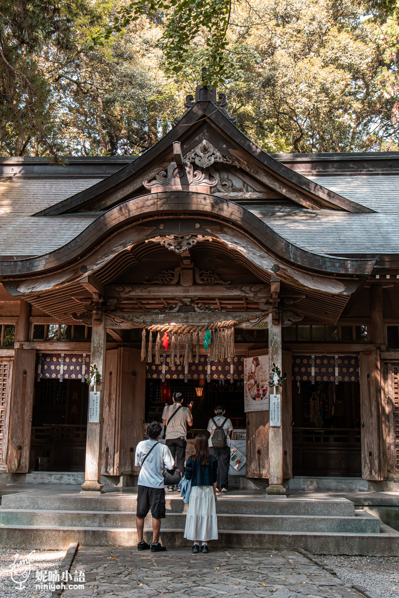 信眾於宮崎高千穗神社木造拜殿前依序合掌參拜祈福,上方懸掛著傳統注連繩